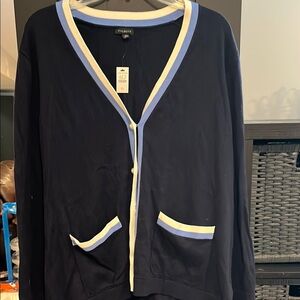 Talbots Black Cardigan with Blue and White Trim